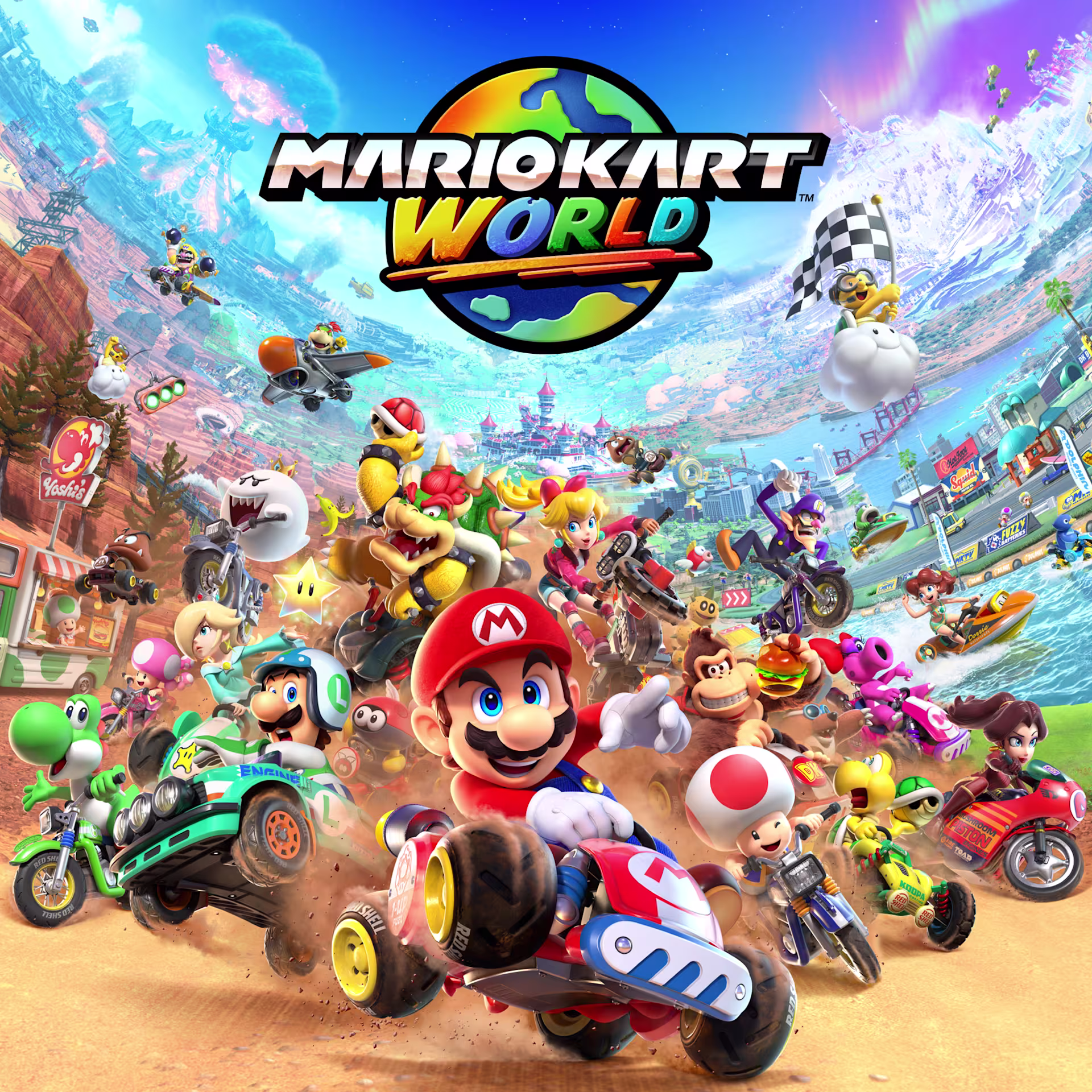 Jaquette de Mario Kart World montrant Mario, Luigi et Peach en pleine course dans un décor tropical.