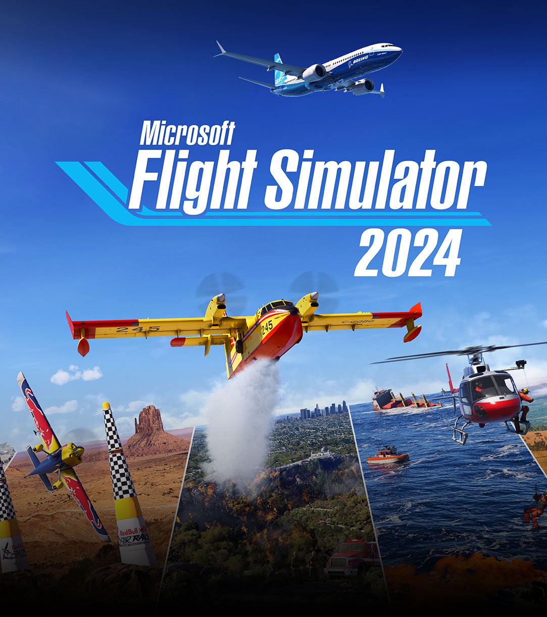 Jaquette de Microsoft Flight Simulator 2024 avec divers avions survolant des paysages réalistes