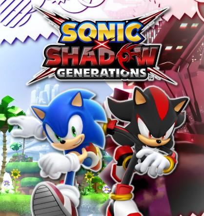 Jaquette de Sonic X Shadow Generations montrant Sonic et Shadow en pleine course dans un décor futuriste.