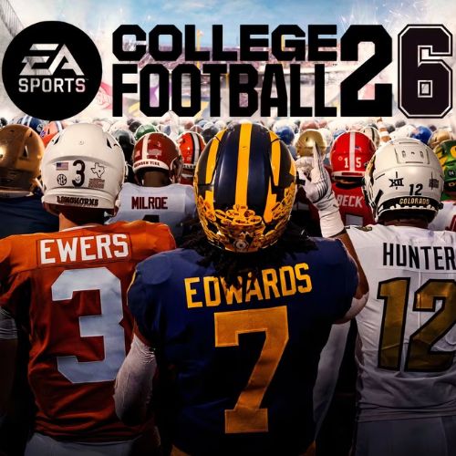 Logo de EA Sports College Football 26 avec des joueurs vus de dos sur le terrain