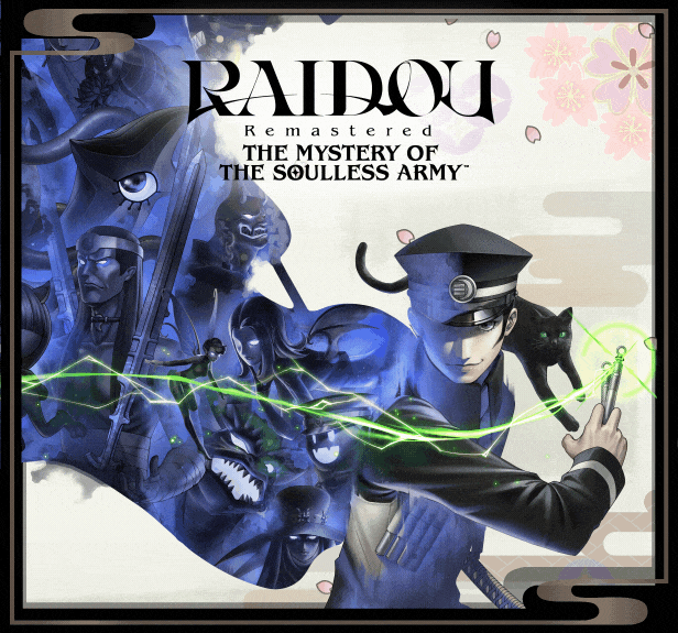 Logo animé du jeu Raidou Remastered: The Mystery of the Soulless Army avec le détective et ses démons dans un style rétro japonais