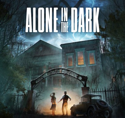 Affiche du jeu Alone in the Dark 2024 montrant un manoir inquiétant et deux personnages devant l’entrée