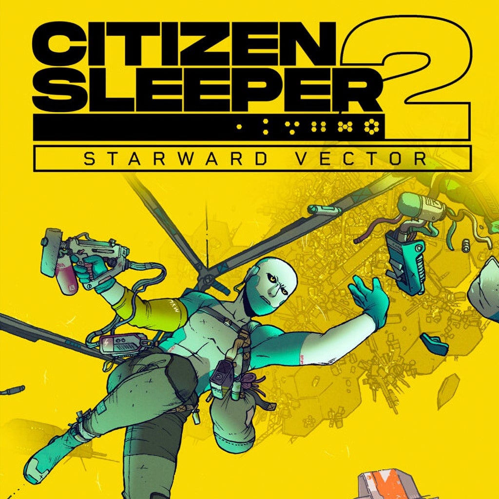 Illustration de Citizen Sleeper 2: Starward Vector avec un androïde flottant dans un décor spatial sur fond jaune