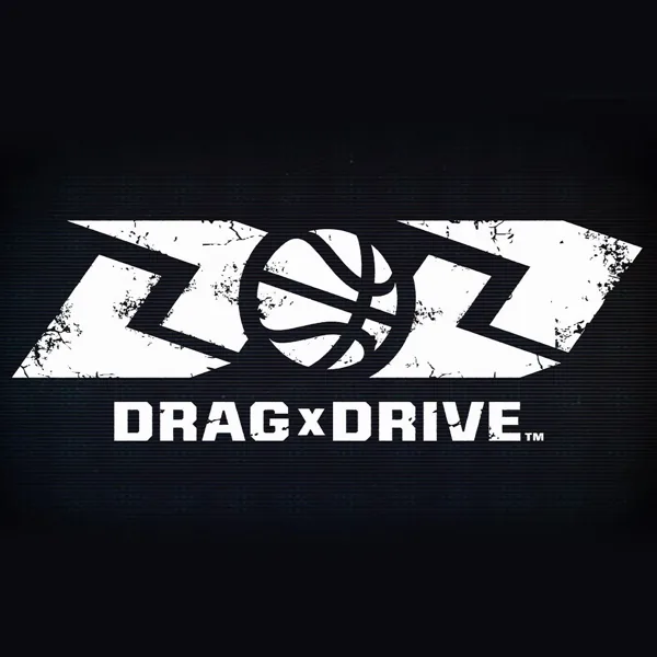 Logo du jeu Drag x Drive avec un ballon de basket stylisé au centre, sur fond noir texturé