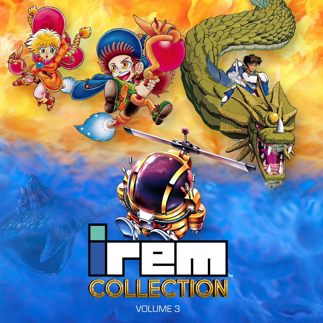 Logo du jeu Irem Collection Volume 3 avec personnages colorés et hélicoptère rétro en plein ciel