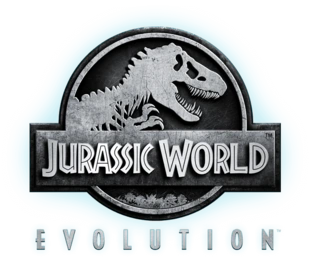 Logo officiel de Jurassic World Evolution avec médaillon T-Rex argenté sur fond bleu clair