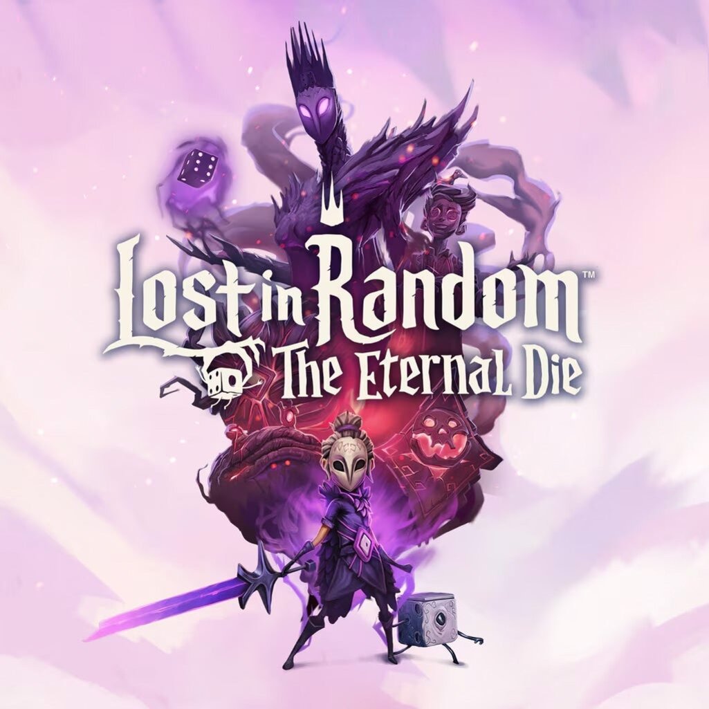 Illustration de Lost in Random: The Eternal Die avec Even, Dicey et une créature monstrueuse dans un univers violet féérique