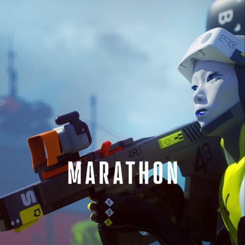 Artwork du jeu Marathon montrant un personnage synthétique armé d’un fusil futuriste, fond de base extraterrestre flouté
