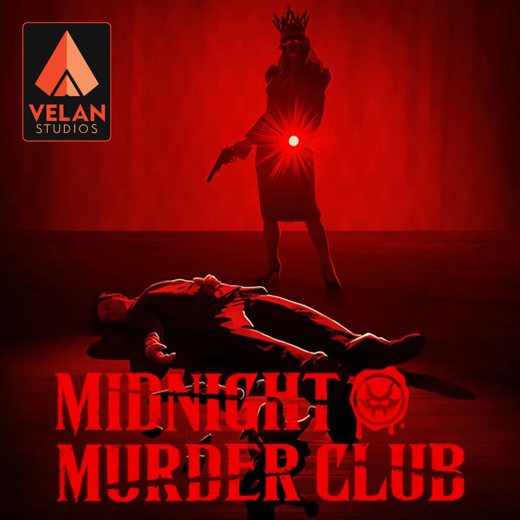 Logo officiel de Midnight Murder Club, jeu multijoueur à l’esthétique sanglante développé par Velan Studios, avec une silhouette armée dominant un cadavre.
