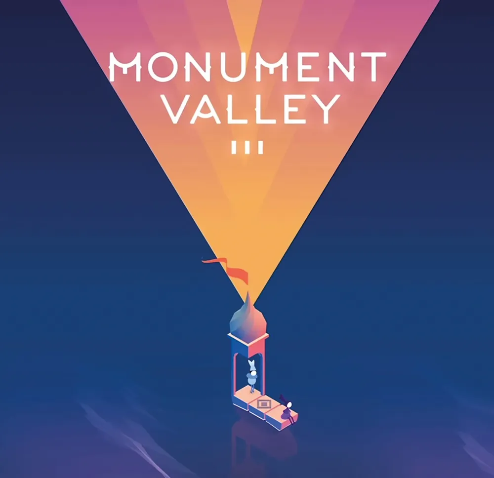 Logo de Monument Valley III avec personnages miniatures sous une lumière géométrique