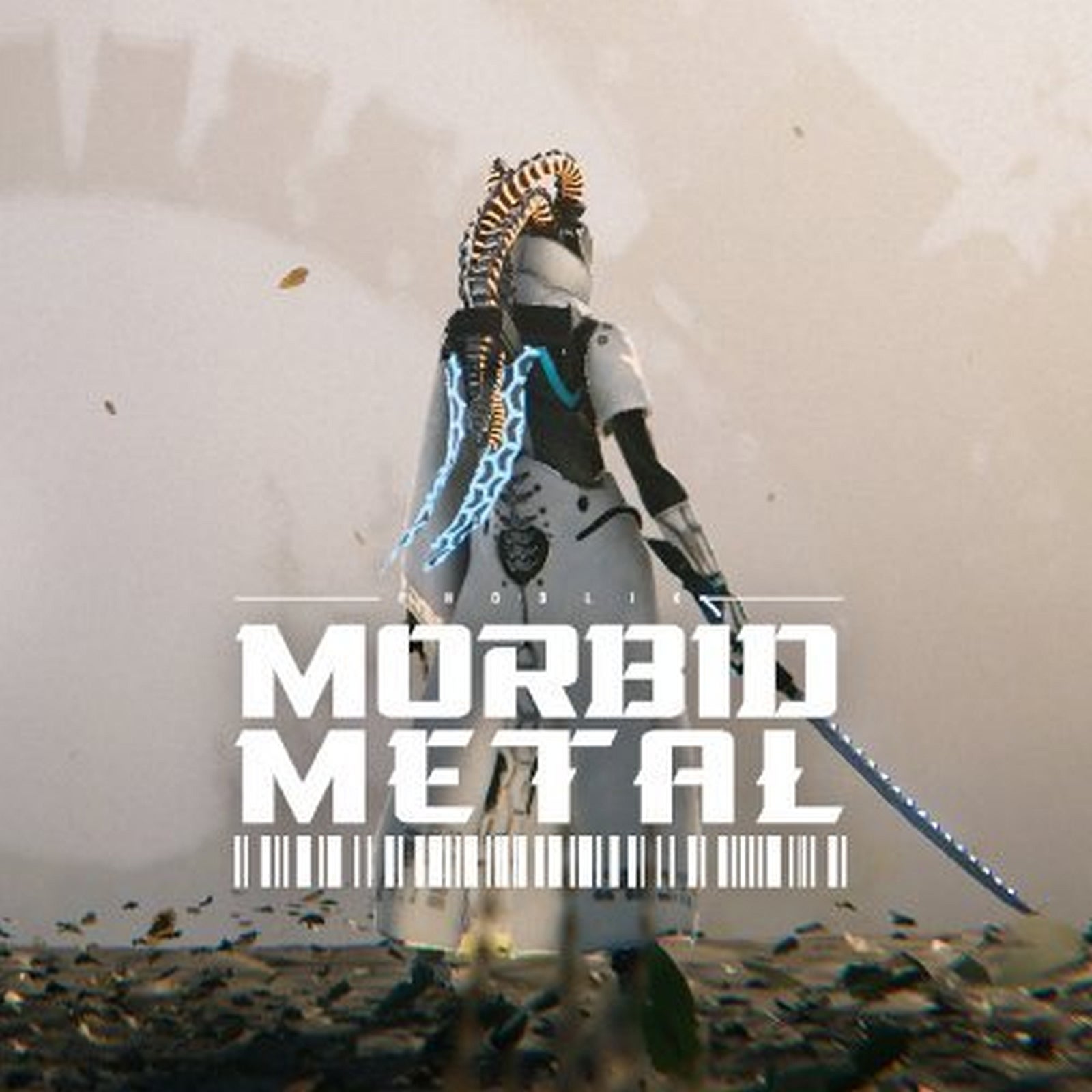 Logo du jeu Morbid Metal avec un personnage cybernétique vu de dos armé d’une lame énergétique dans un environnement désertique