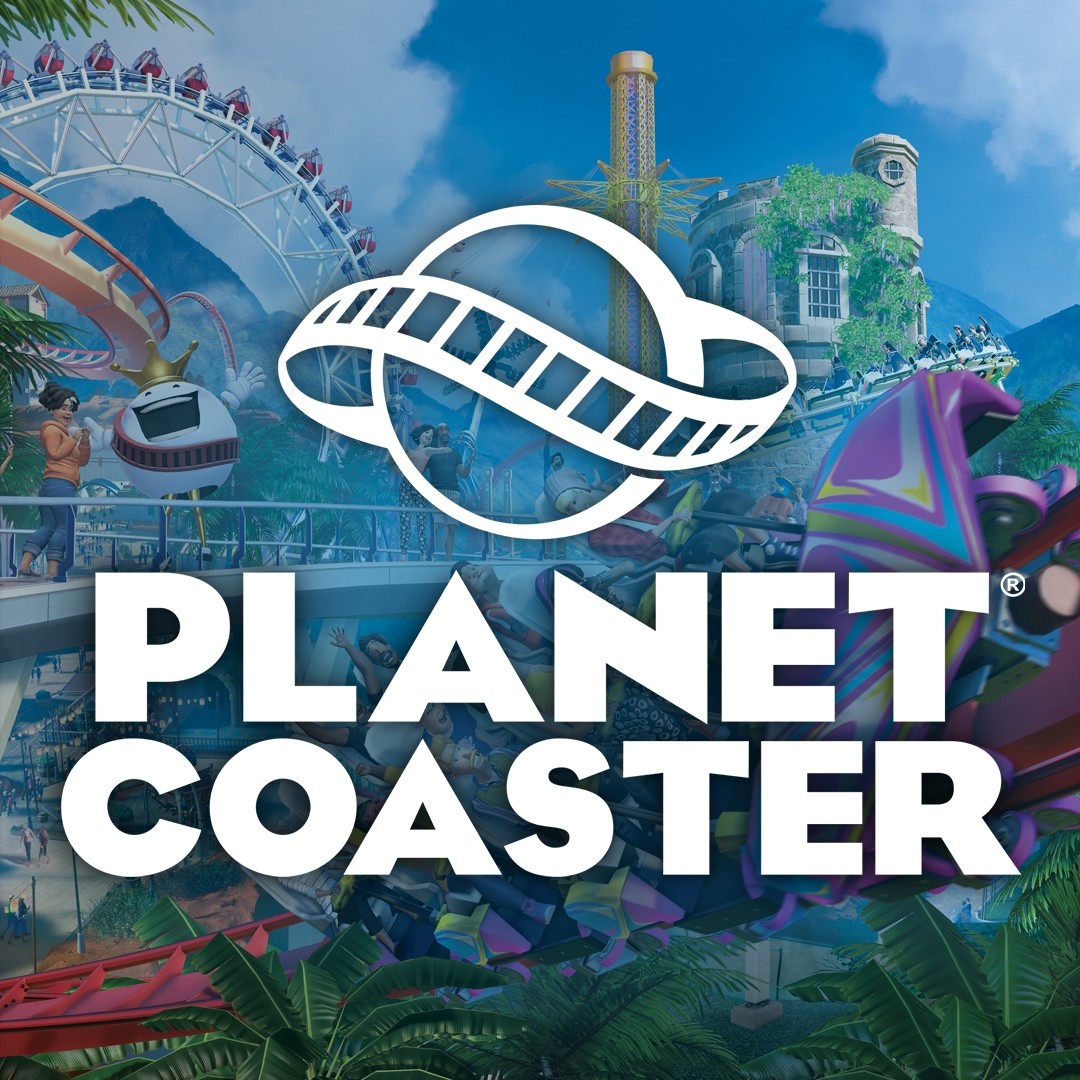 Logo de Planet Coaster avec montagnes russes en arrière-plan et ambiance festive de parc d’attractions