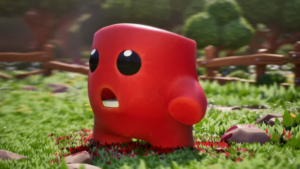 Image officielle de Super Meat Boy 3D avec Meat Boy dans un univers en trois dimensions coloré