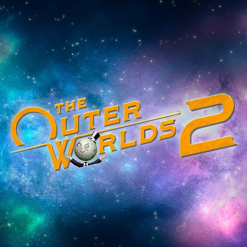 Logo officiel de The Outer Worlds 2 avec fond galactique violet et personnage lune cartoon en costume