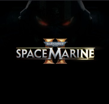 Logo officiel de Warhammer 40,000: Space Marine II avec lettrage doré sur fond sombre et regard rouge menaçant