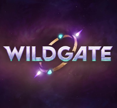 Logo officiel du jeu Wildgate sur fond spatial violet avec anneau d'énergie et éclats lumineux