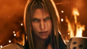 Sephiroth dans Final Fantasy VII Remake, portrait en gros plan avec yeux verts lumineux, cheveux argentés longs, expression hostile et menaçante, fond de flammes orange
