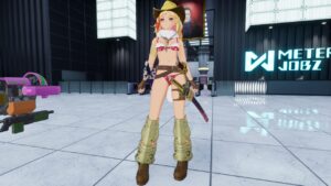 Lycéenne en tenue de cowgirl futuriste dans le hub de Full Metal Schoolgirl