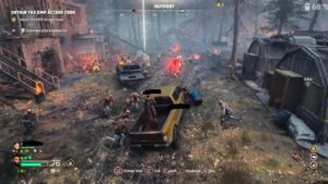 Scène de combat en plein air avec un pick-up jaune entouré de zombies et plusieurs joueurs à proximité.