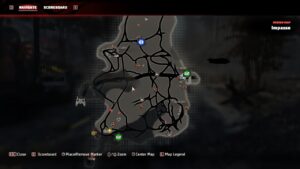 Carte du jeu affichant routes, points d’intérêt, zones hostiles et objectifs.