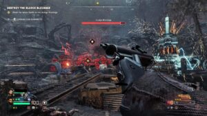 Personnage principal rechargeant une arme devant une horde de zombies dans un canyon forestier.