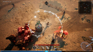 Invocation d’une tourelle défensive face à des monstres rouges dans une plaine désertique