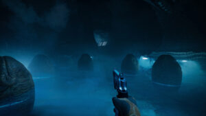 Exploration d’une salle remplie d’œufs dans une caverne alien