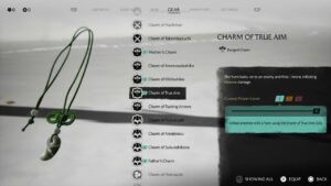 Menu des talismans dans Ghost of Yōtei avec le Charm of True Aim