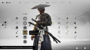 Interface d’équipement avec armes et talismans dans Ghost of Yōtei