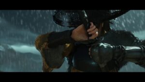 Plan serré sur Atsu tenant son katana dans la pluie