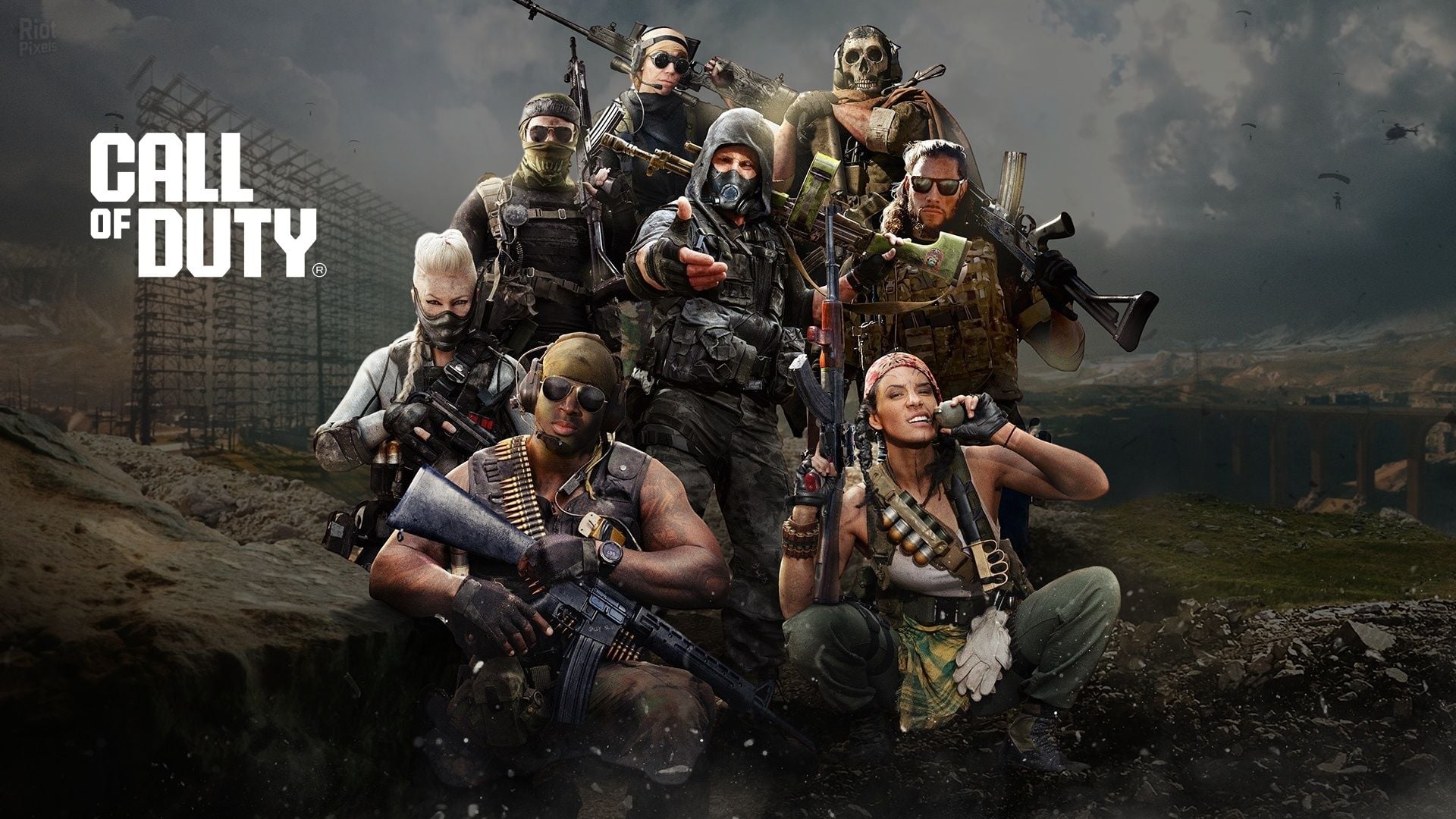 Groupe de soldats armés dans un décor post-apocalyptique avec logo Call of Duty en arrière-plan