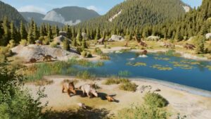 Panorama d’un enclos peuplé de Lokiceratops et autres dinosaures