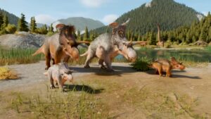 Groupe de Lokiceratops au bord de l’eau