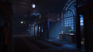 Hall principal en bois sombre dans le manoir de Death Relives