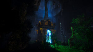 Portail énergétique bleuté dans un sanctuaire végétalisé de Death Relives