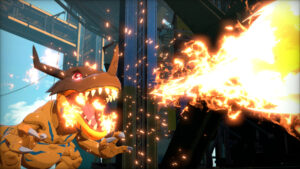 Greymon crache une énorme flamme dans un décor industriel