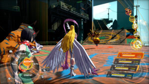 Interface de combat avec plusieurs Digimon face à un adversaire mécanique