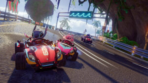 Stitch et ses adversaires sur circuit tropical dans Disney Speedstorm