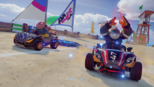 King Shark et O’Malley s’affrontent sur la plage dans Disney Speedstorm