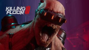 Monstre cybernétique de Killing Floor 3 en gros plan avec fond rouge et violet.