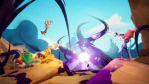 Scène de combat musical avec plusieurs personnages générant des projectiles musicaux face à une corruption violette.