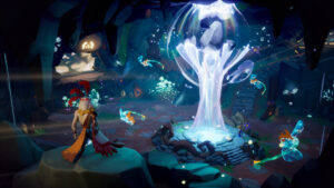 Personnage à plumes contemplant une fontaine magique au centre d’un sanctuaire lumineux sous-terrain.