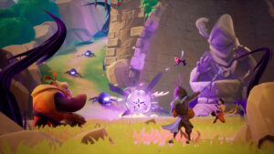 Personnages affrontant des ennemis violets devant une statue géante dans une vallée ensoleillée.