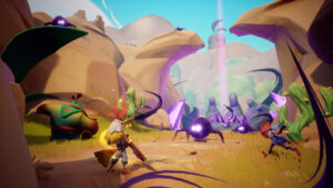 Scène de combat dans un canyon rempli de plantes et d’ennemis noirs avec des yeux brillants.