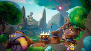 Personnages sautant entre des plateformes magiques dans une clairière verdoyante avec une statue d’oiseau en arrière-plan.