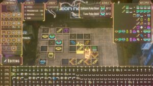 Interface complexe du niveau Poke Bowl dans Neon Noodles.