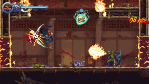 Kenji lance une attaque aérienne contre des ennemis dans un bâtiment en flammes rempli d'obstacles destructibles.