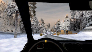 Course de rallye hivernale rétro en vue intérieure cockpit.