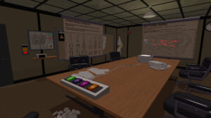 Salle de réunion avec cartes militaires et schémas de missiles