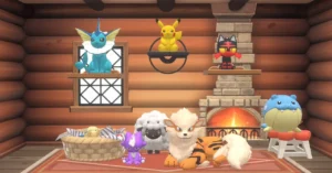 Peluches Pokémon installées dans une maison en bois dans Pokémon Friends